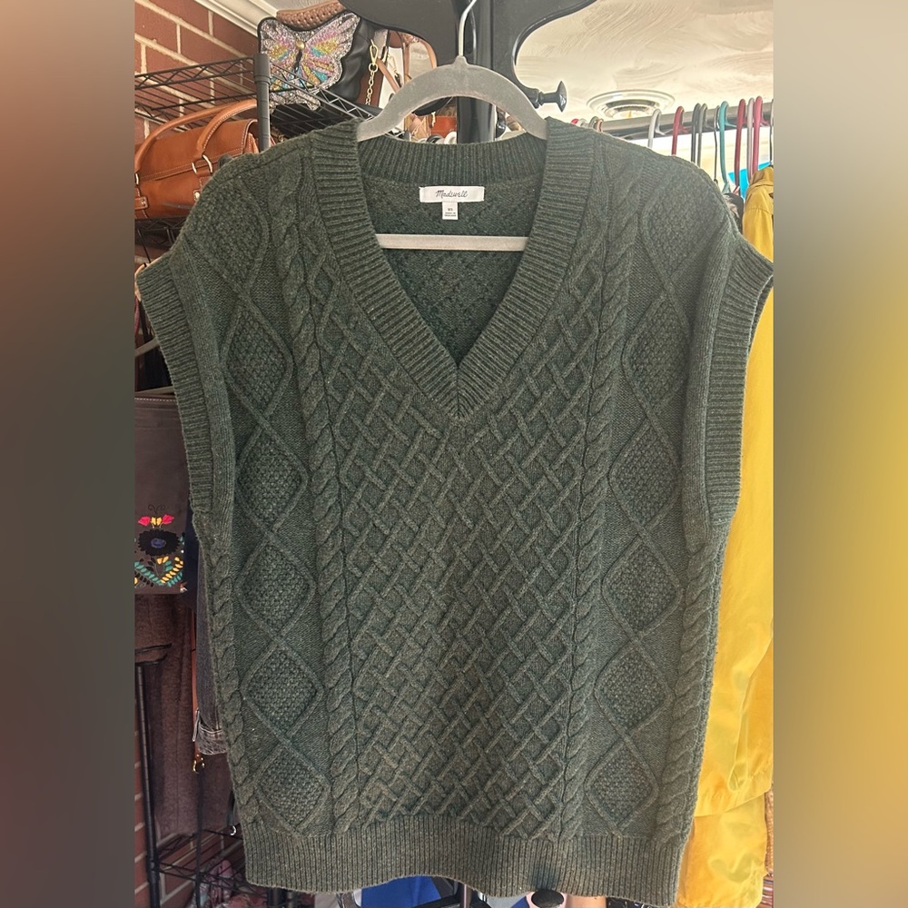Madewell Oversized Cable Knit Sweater Vest Dark Green Wool Blend Preppy Academia - Picture 2 of 8
